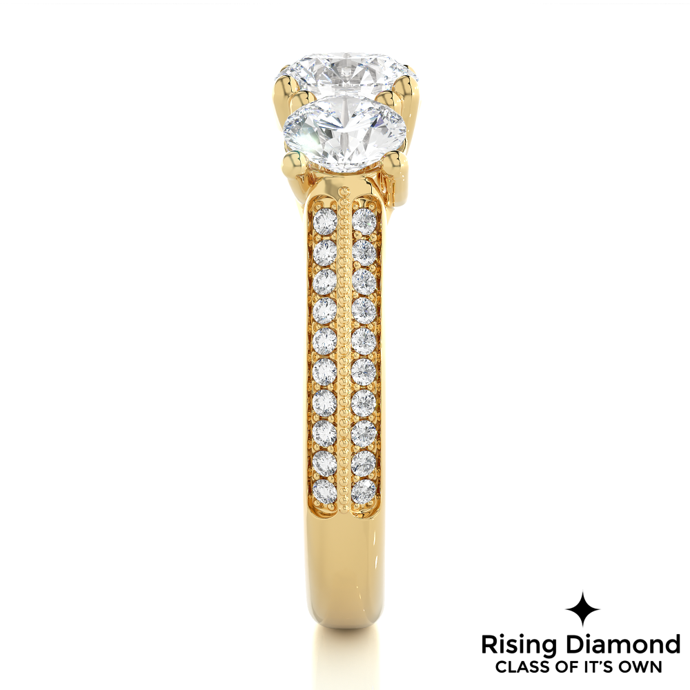 1.48 Ct Round Cut Colorless Moissanite Three Stone Engagement Ring in Micro Pave Setting