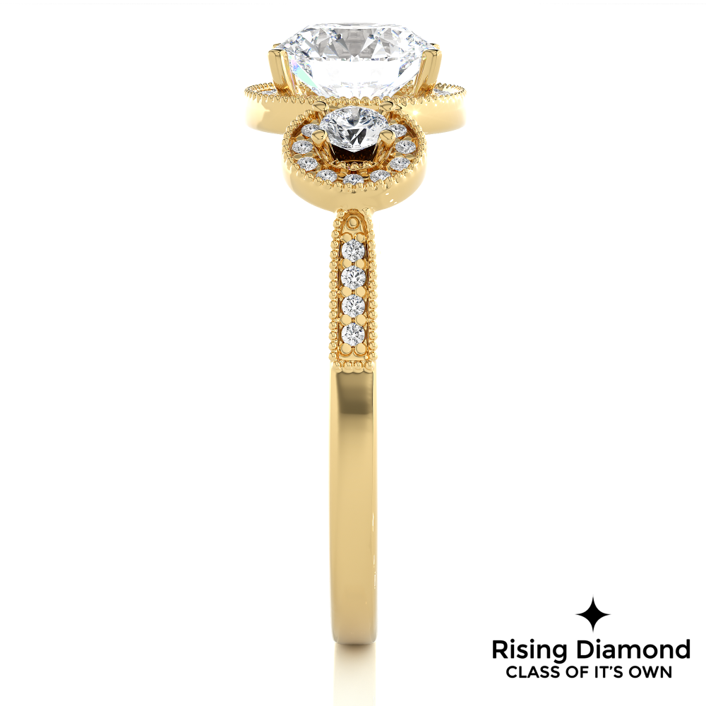 1.79 Ct Round Cut Colorless Moissanite Three Stone Gold Engagement Ring