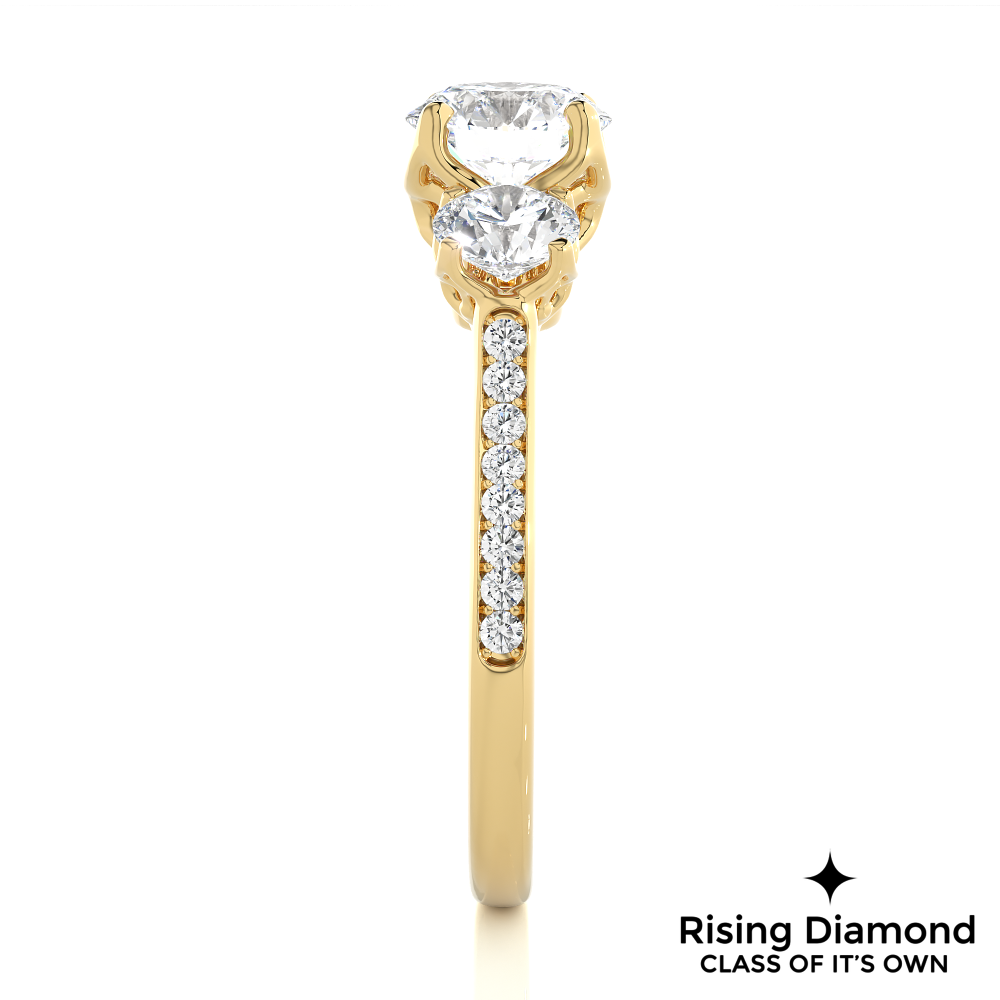 1.48 Ct Round Cut Colorless Moissanite Three Stone Engagement Ring With Pave
