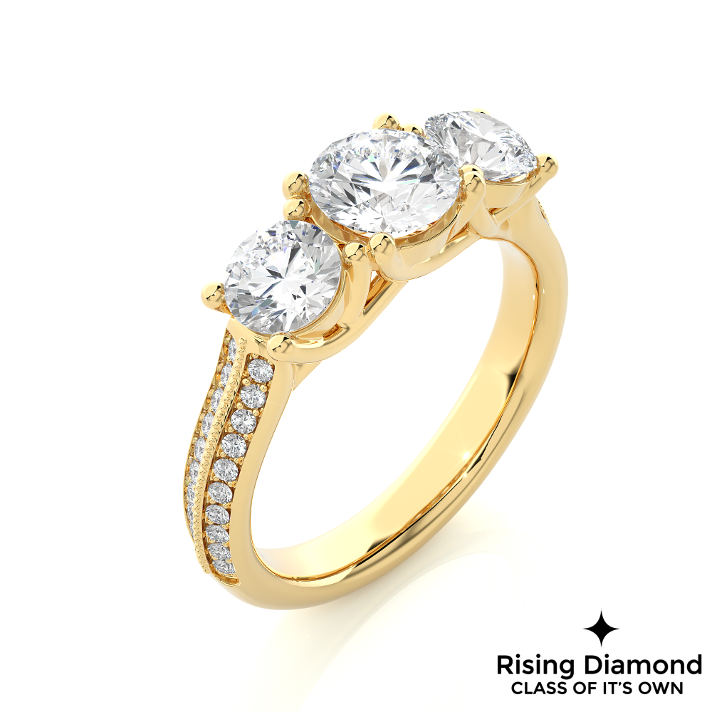 1.48 Ct Round Cut Colorless Moissanite Three Stone Engagement Ring in Micro Pave Setting