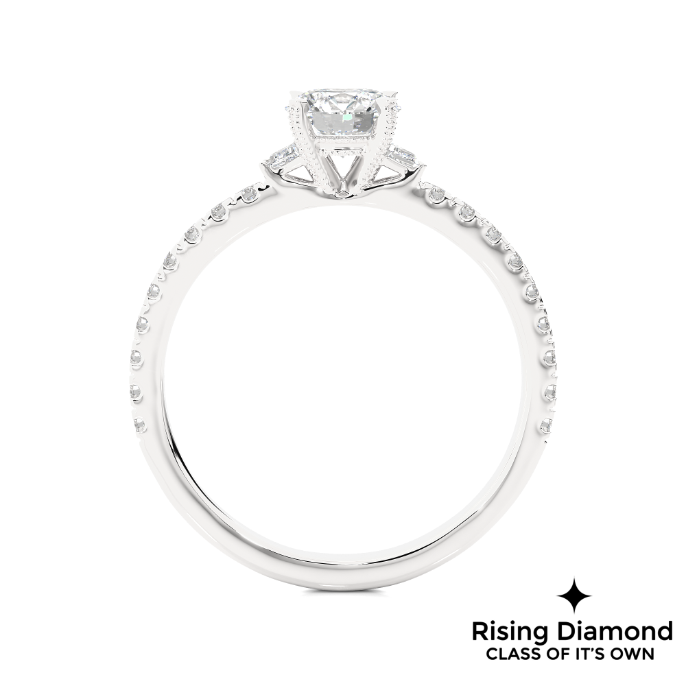 1.23 Ct Round Cut Colorless Moissanite Three Stone Pave Engagement Ring