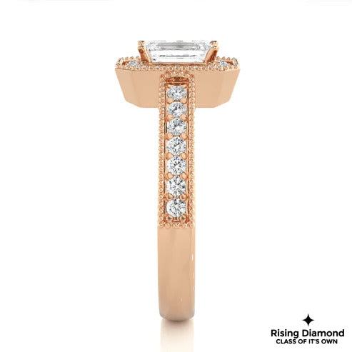 1.22 Ct Emerald Cut F-VS1 Lab Grown Diamond Halo Gold Engagement Ring