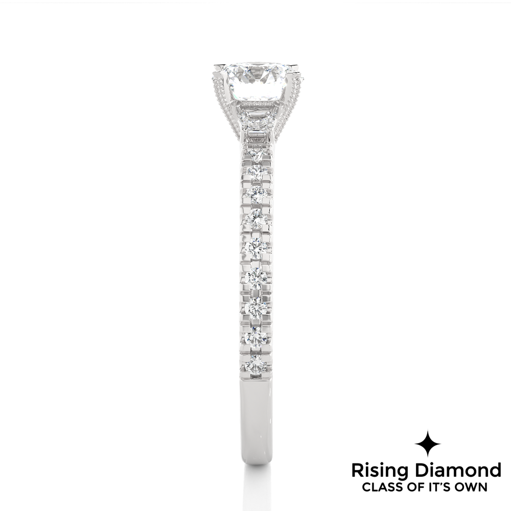 1.23 Ct Round Cut Colorless Moissanite Three Stone Pave Engagement Ring