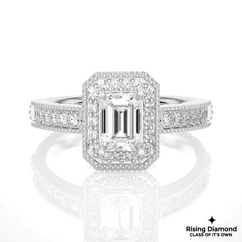 1.22 Ct Emerald Cut F-VS1 Lab Grown Diamond Halo Gold Engagement Ring