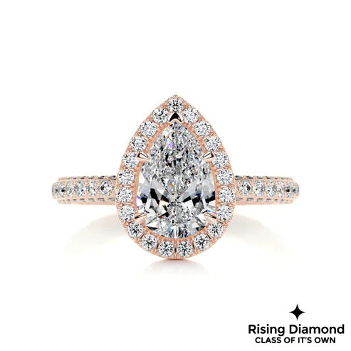 2.6 Ct Pear Cut Colorless Moissanite Halo Setting With Micro Pave Shank Engagement Ring