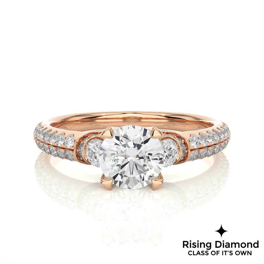 1.31 Ct Round Cut Colorless Moissanite Three Stone Engagement Ring With Double Pave Shank