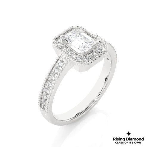 1.22 Ct Emerald Cut F-VS1 Lab Grown Diamond Halo Gold Engagement Ring