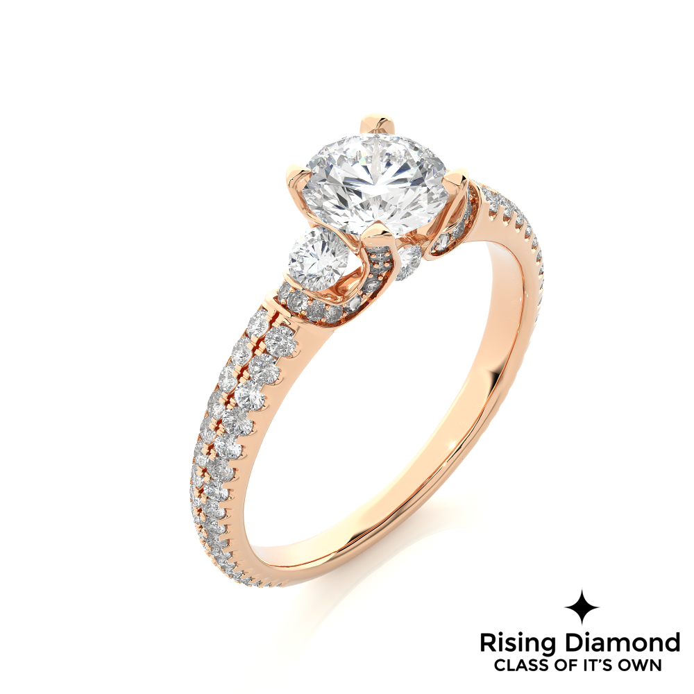 1.31 Ct Round Cut Colorless Moissanite Three Stone Engagement Ring With Double Pave Shank