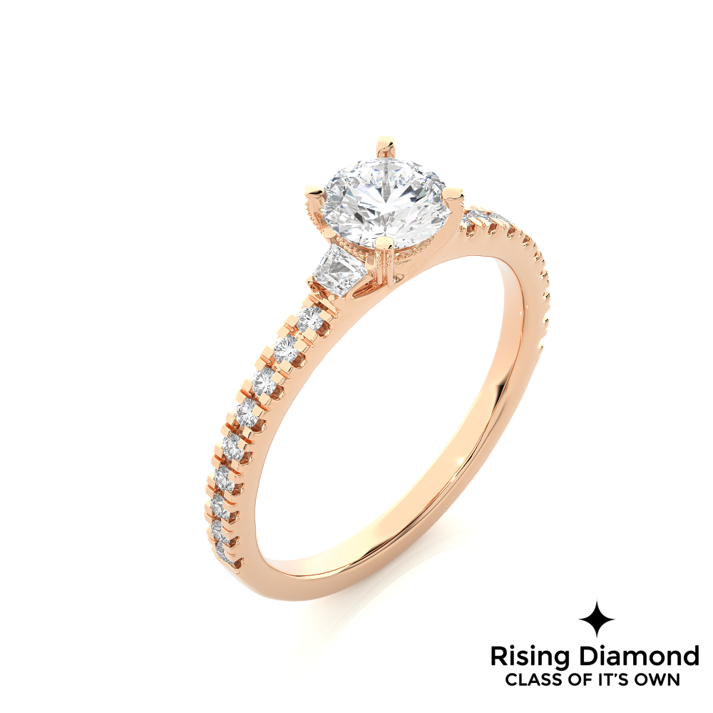 1.23 Ct Round Cut Colorless Moissanite Three Stone Pave Engagement Ring