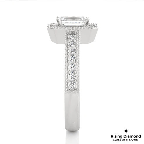 1.22 Ct Emerald Cut F-VS1 Lab Grown Diamond Halo Gold Engagement Ring