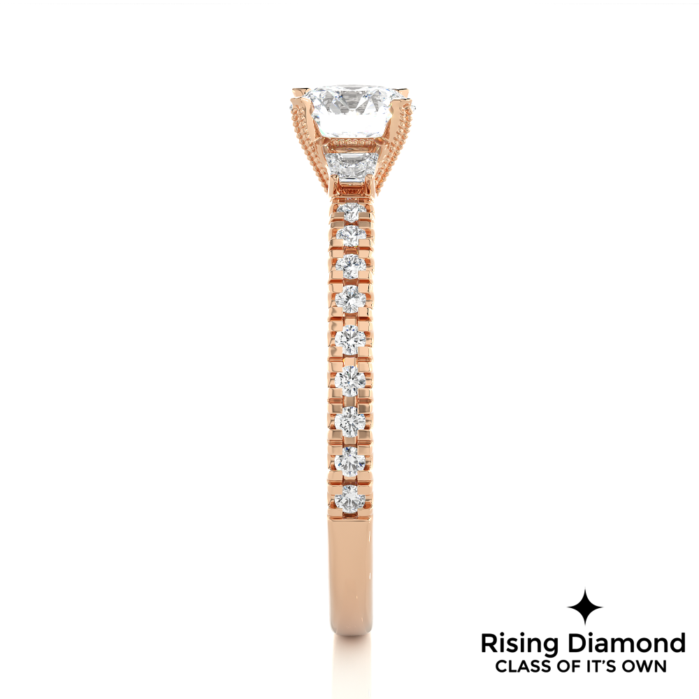 1.23 Ct Round Cut Colorless Moissanite Three Stone Pave Engagement Ring