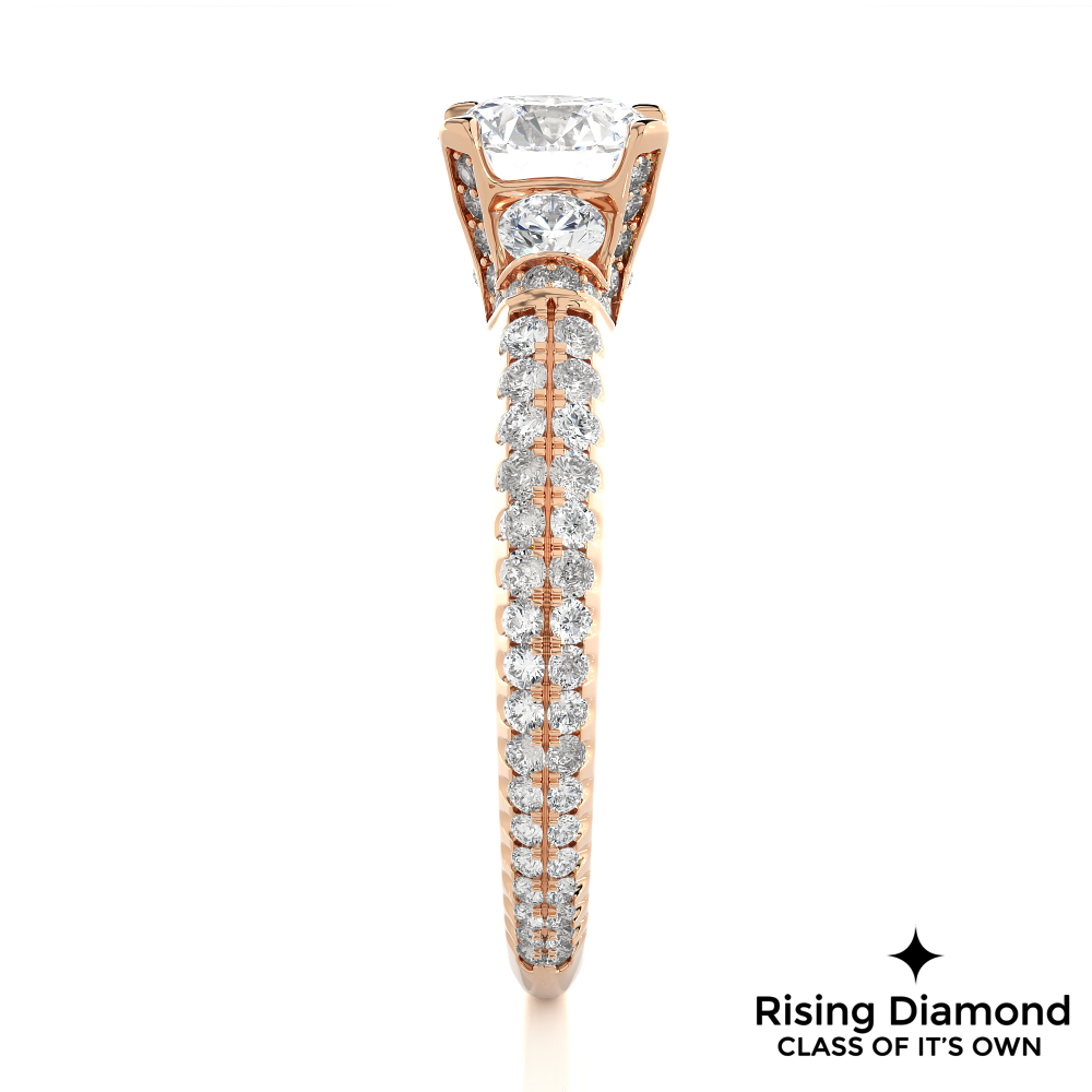 1.31 Ct Round Cut Colorless Moissanite Three Stone Engagement Ring With Double Pave Shank