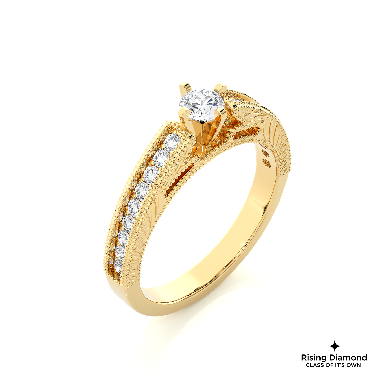 1.01 CT Round Cut Lab Grown Diamond Engagement Ring With Chanel Setting in mil-Grain Shank