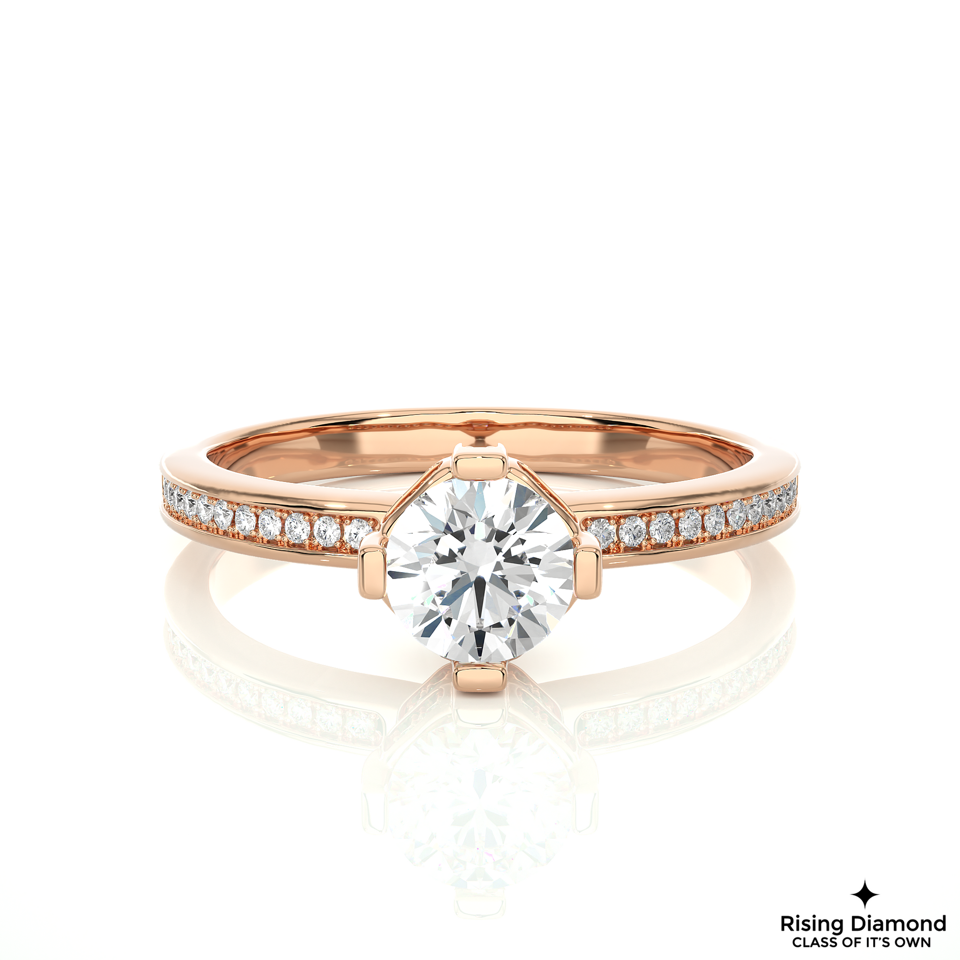 1.01 CT Round Cut Lab Diamond Engagement Ring in Hidden Halo Setting With Pave Shank