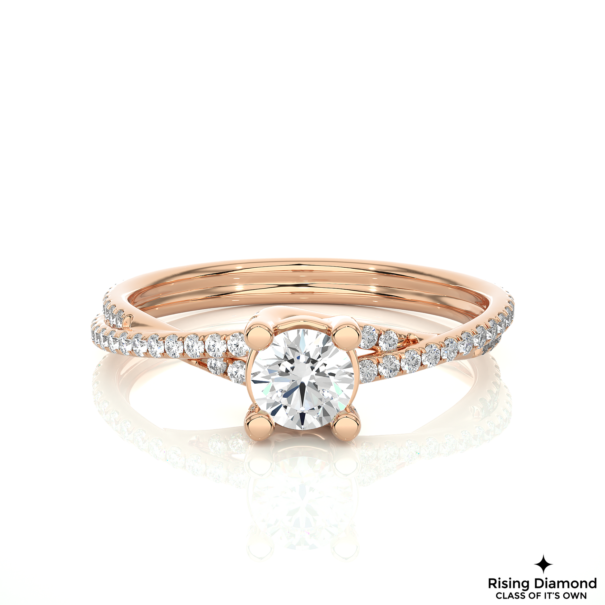 1.01 CT Round Cut Lab Diamond Engagement Ring in Bypass Shank With Pave Setting