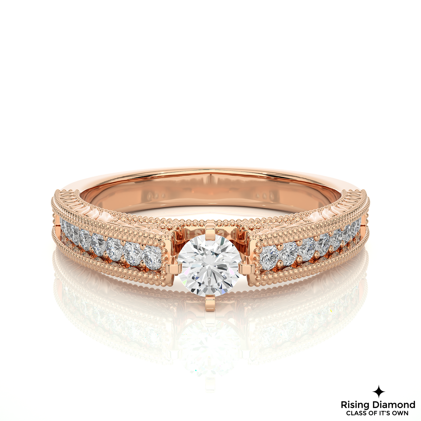 1.01 CT Round Cut Lab Grown Diamond Engagement Ring With Chanel Setting in mil-Grain Shank