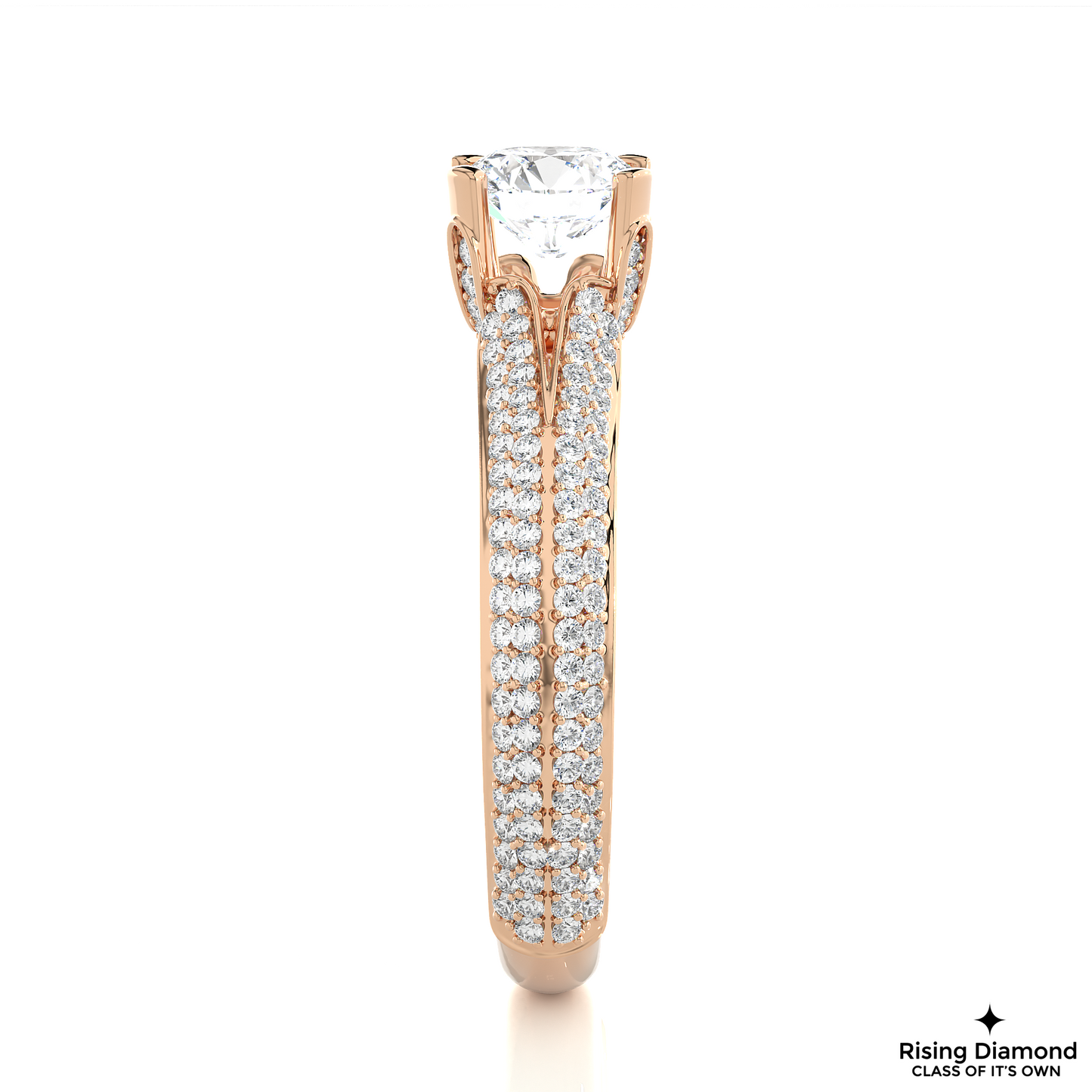 1.09 CT Round Cut Lab Grown Diamond Engagement Ring in Split Shank With Double Pave Setting