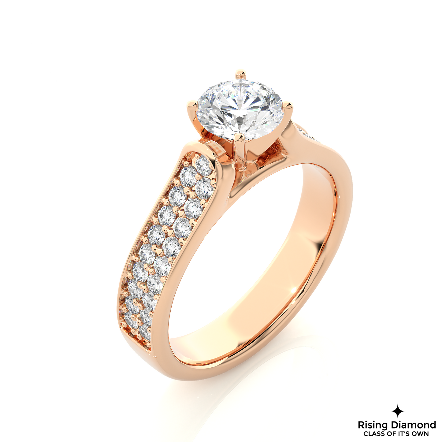 1.08 CT Round Cut Lab Diamond Engagement Ring in Multi-pave Setting With Cathedral Shank