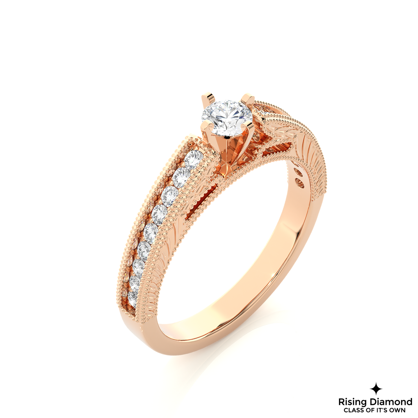 1.01 CT Round Cut Lab Grown Diamond Engagement Ring With Chanel Setting in mil-Grain Shank