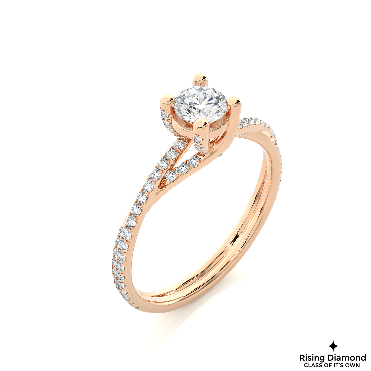 1.01 CT Round Cut Lab Diamond Engagement Ring in Bypass Shank With Pave Setting
