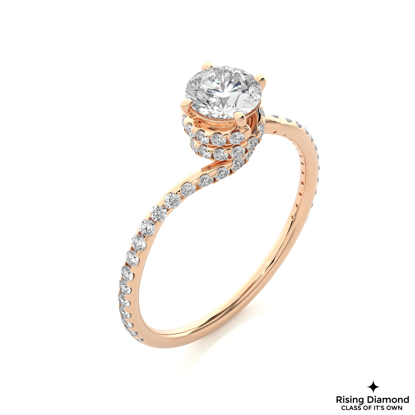 1.07 CT Round Cut Lab Diamond Engagement Ring in Bypass Shank With Double Hidden Halo