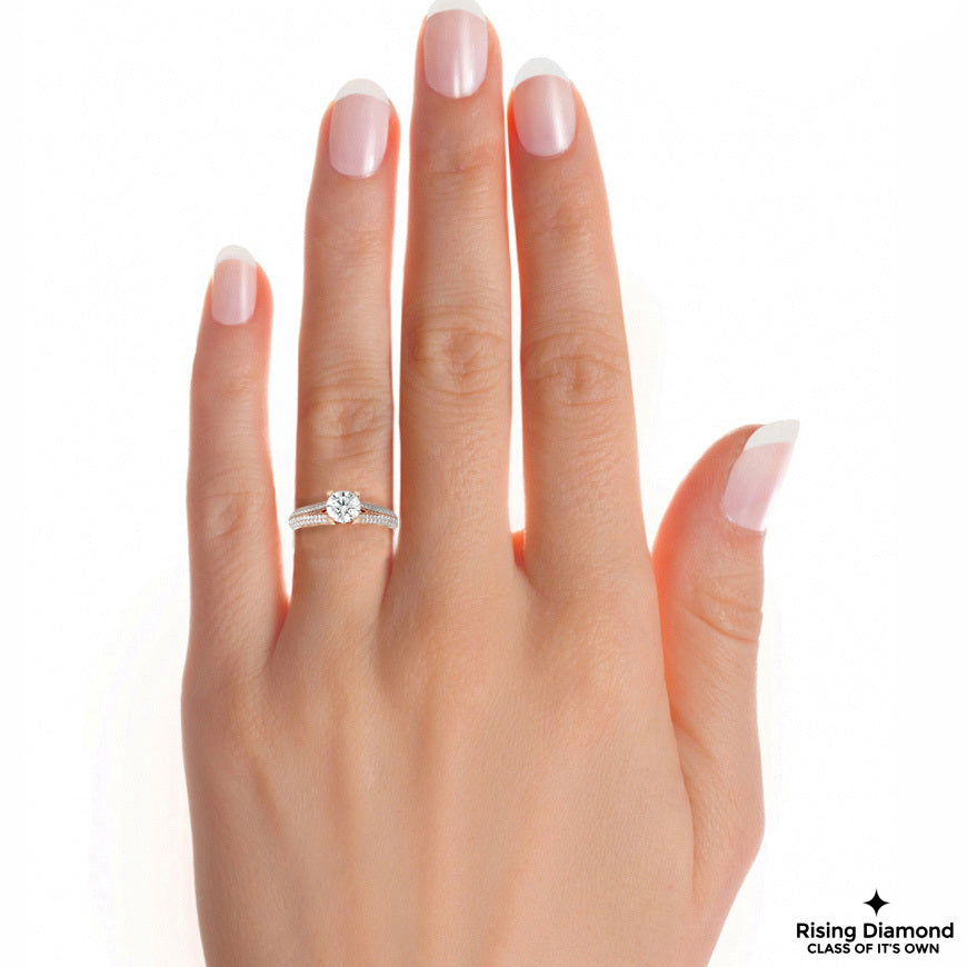 1.09 CT Round Cut Lab Grown Diamond Engagement Ring in Split Shank With Double Pave Setting