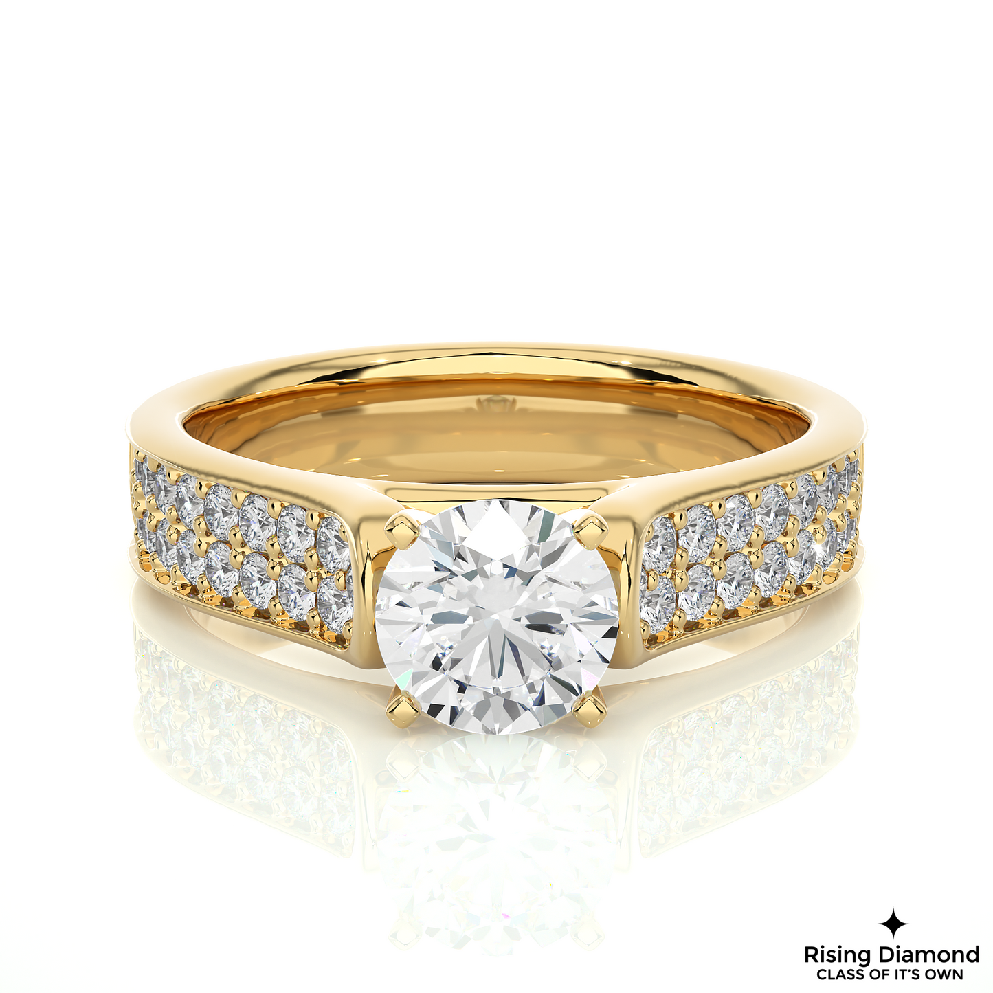 1.08 CT Round Cut Lab Diamond Engagement Ring in Multi-pave Setting With Cathedral Shank