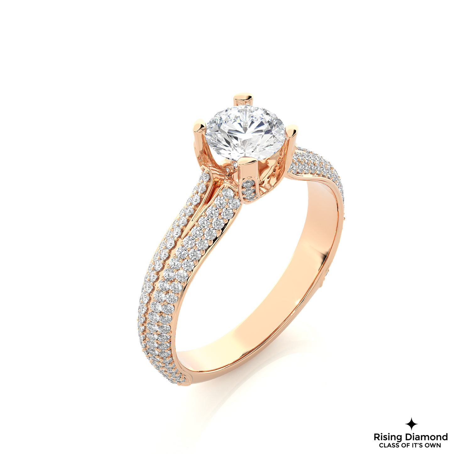 1.09 CT Round Cut Lab Grown Diamond Engagement Ring in Split Shank With Double Pave Setting