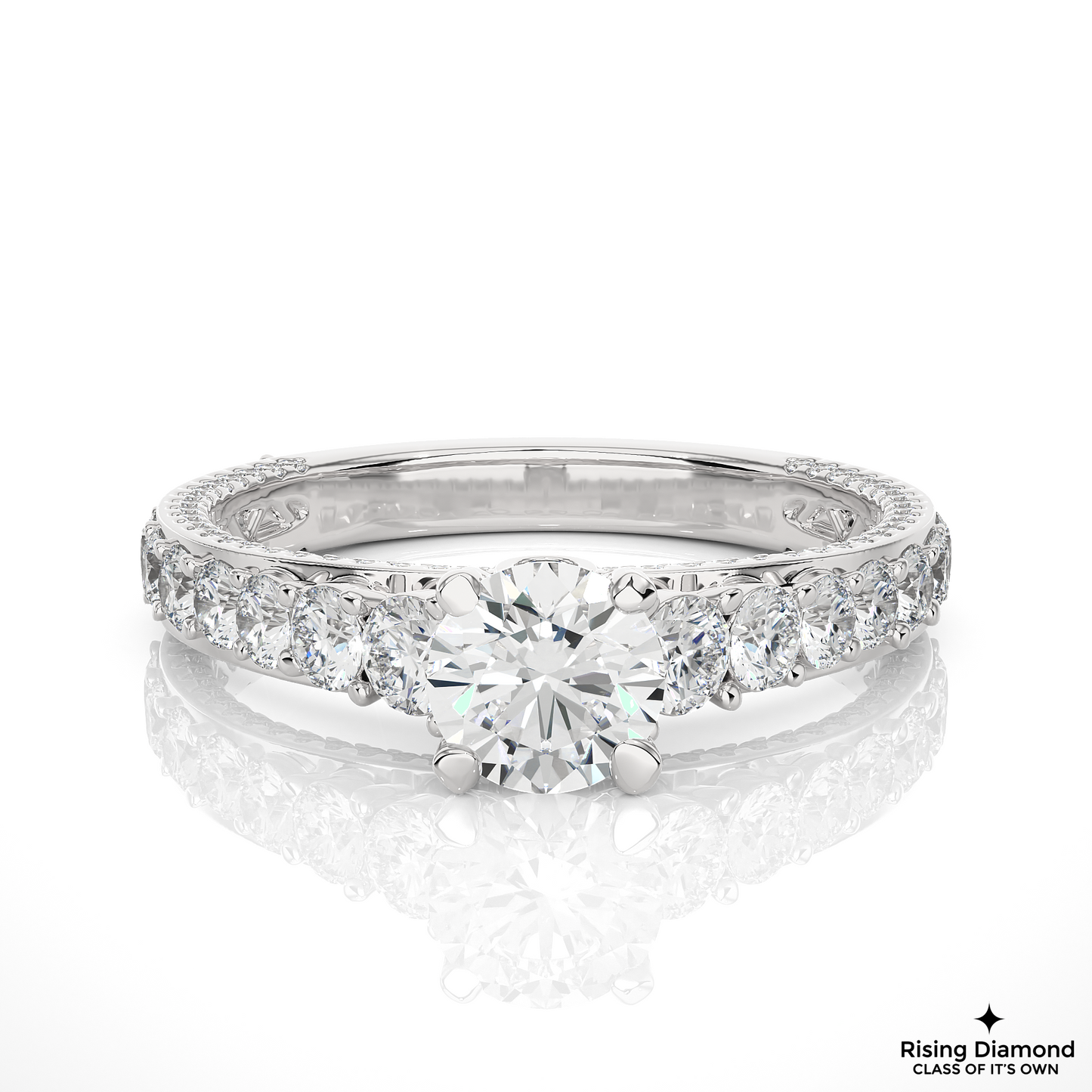 1.2 CT Round Cut Lab Grown Diamond Engagement Ring in Pave Shank With Cathedral Style