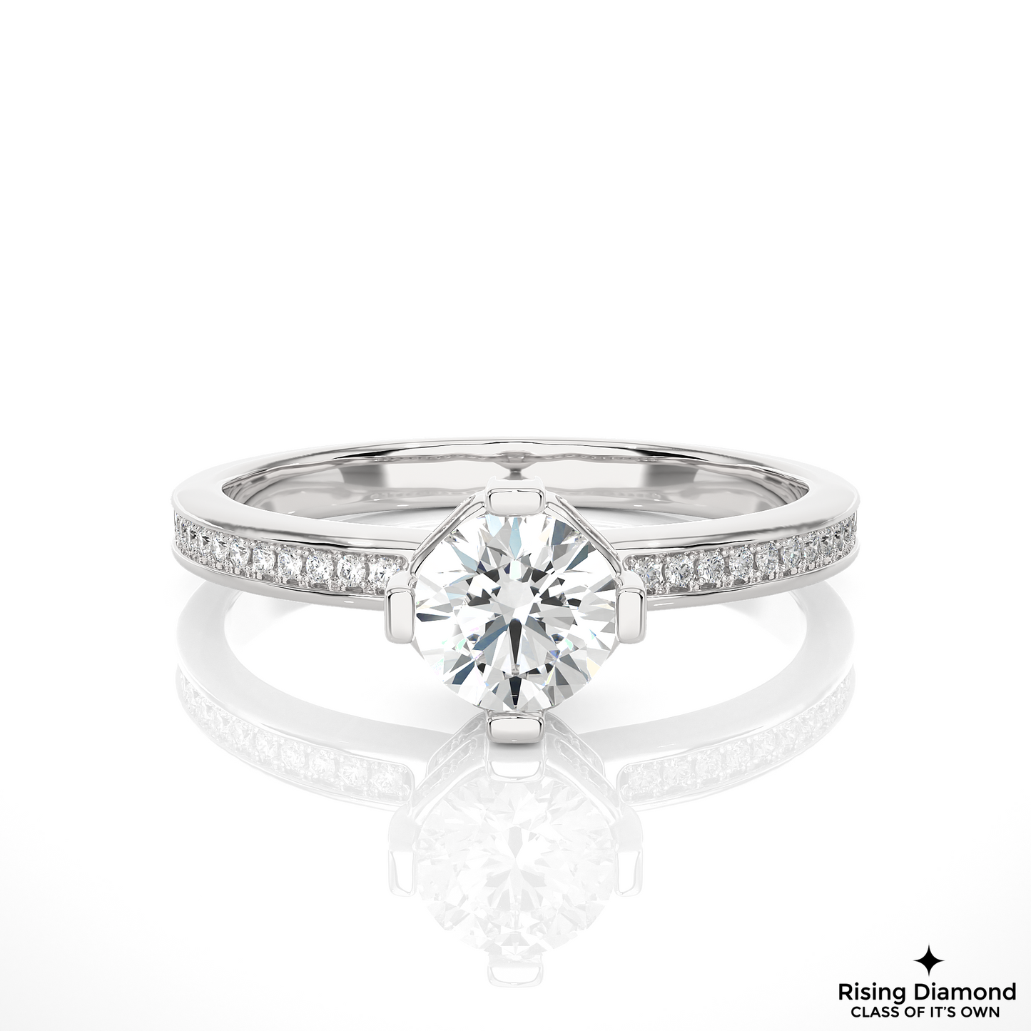 1.01 CT Round Cut Lab Diamond Engagement Ring in Hidden Halo Setting With Pave Shank