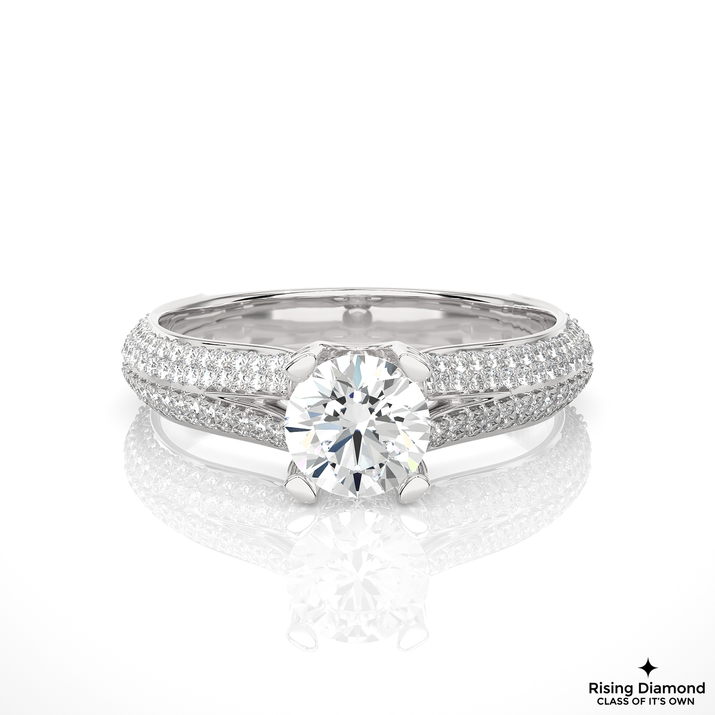 1.09 CT Round Cut Lab Grown Diamond Engagement Ring in Split Shank With Double Pave Setting