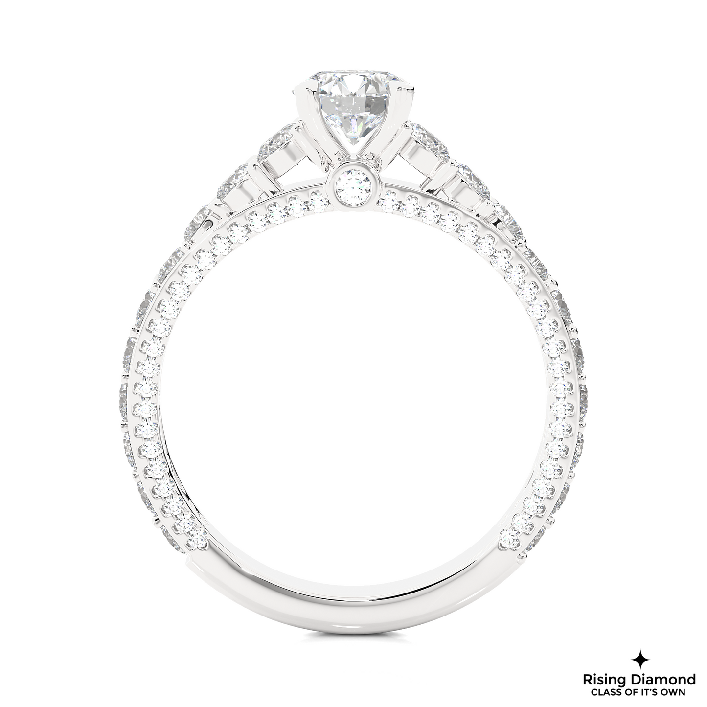 1.2 CT Round Cut Lab Grown Diamond Engagement Ring in Pave Shank With Cathedral Style