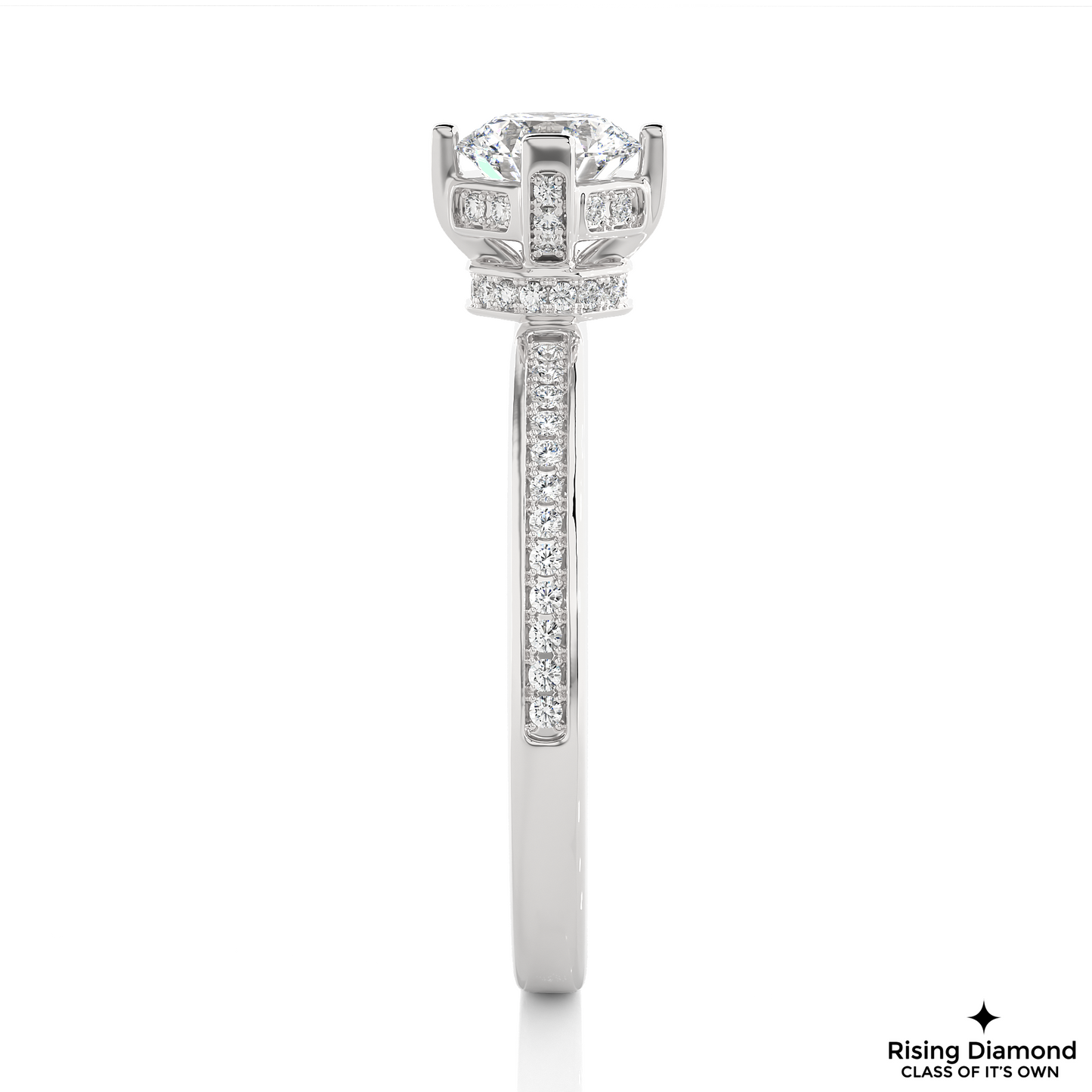 1.01 CT Round Cut Lab Diamond Engagement Ring in Hidden Halo Setting With Pave Shank