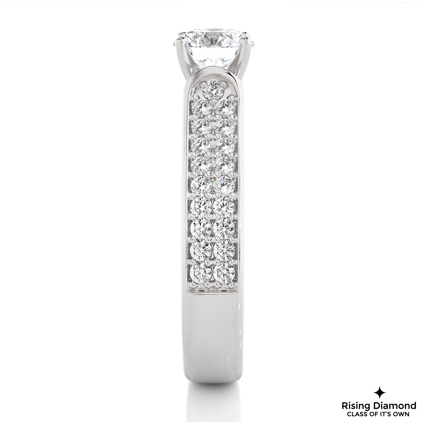 1.08 CT Round Cut Lab Diamond Engagement Ring in Multi-pave Setting With Cathedral Shank