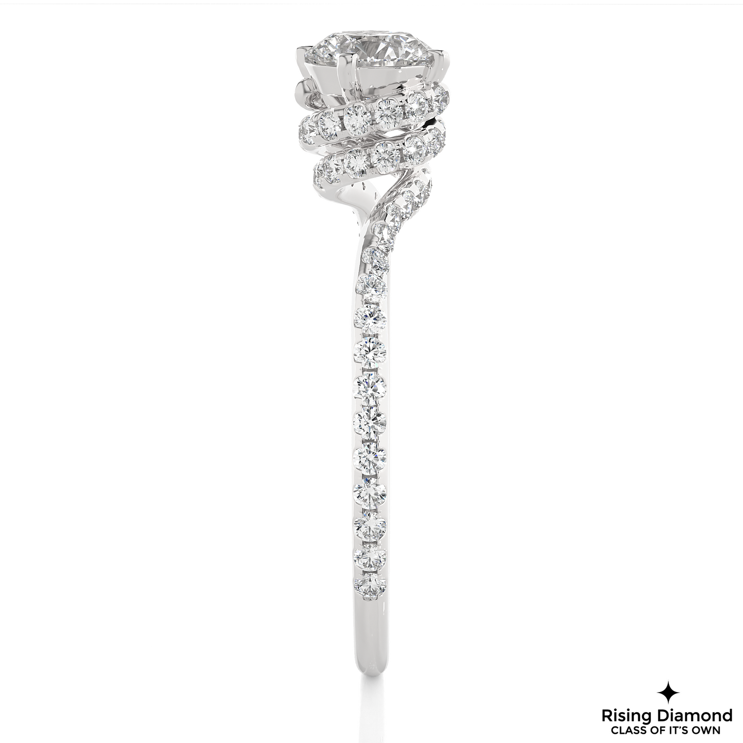 1.07 CT Round Cut Lab Diamond Engagement Ring in Bypass Shank With Double Hidden Halo