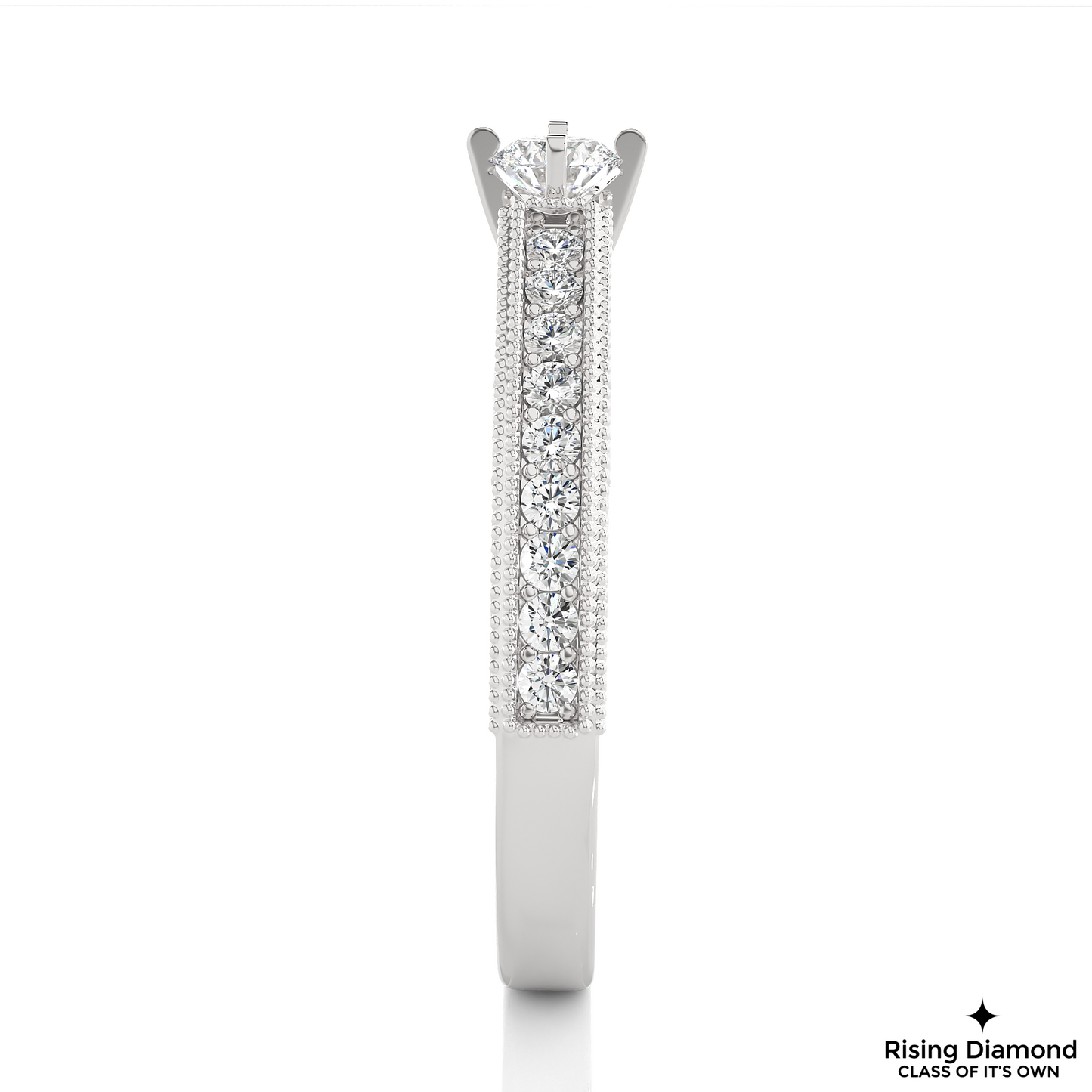 1.01 CT Round Cut Lab Grown Diamond Engagement Ring With Chanel Setting in mil-Grain Shank