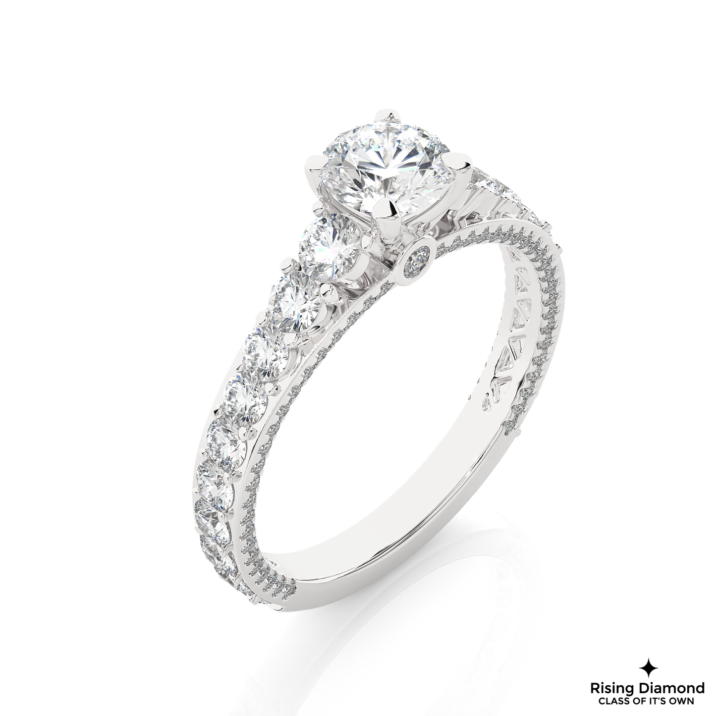 1.2 CT Round Cut Lab Grown Diamond Engagement Ring in Pave Shank With Cathedral Style