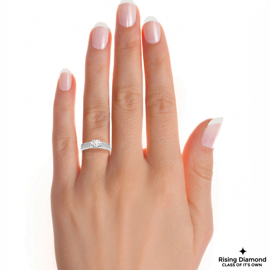 1.08 CT Round Cut Lab Diamond Engagement Ring in Multi-pave Setting With Cathedral Shank