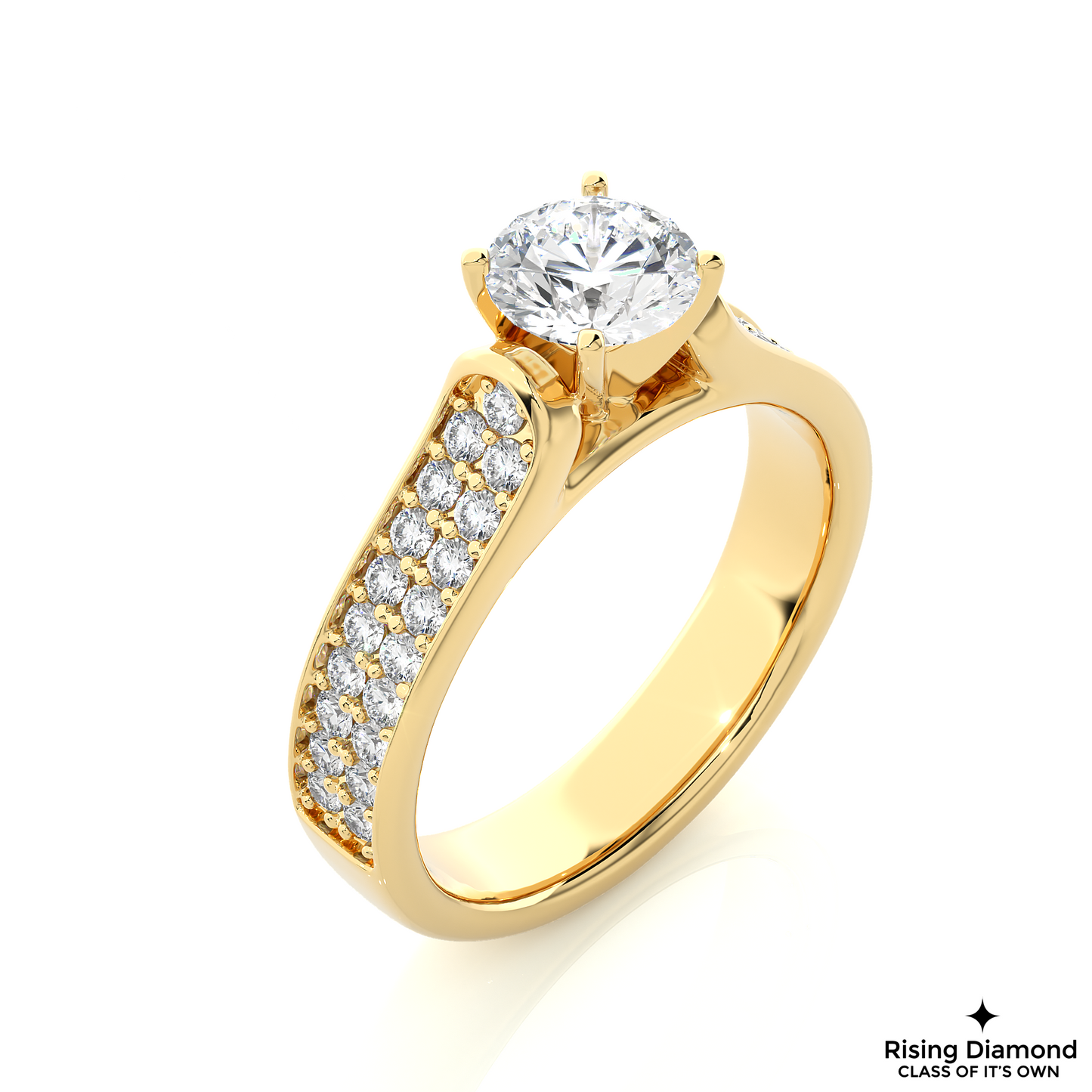 1.08 CT Round Cut Lab Diamond Engagement Ring in Multi-pave Setting With Cathedral Shank
