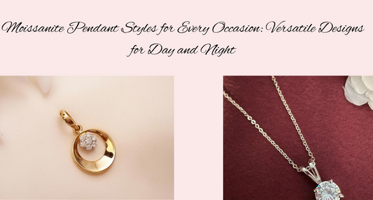 Image with two diamond pendants and the title "Moissanite Pendant Styles for Every Occasion: Versatile Designs for Day and Night"