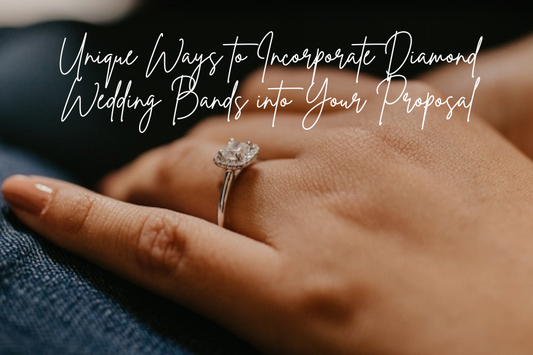 Close-up of a person's hand with a diamond engagement ring on their finger. The text "Unique Ways to Incorporate Diamond Wedding Bands into Your Proposal" is overlaid on the image in elegant cursive font.